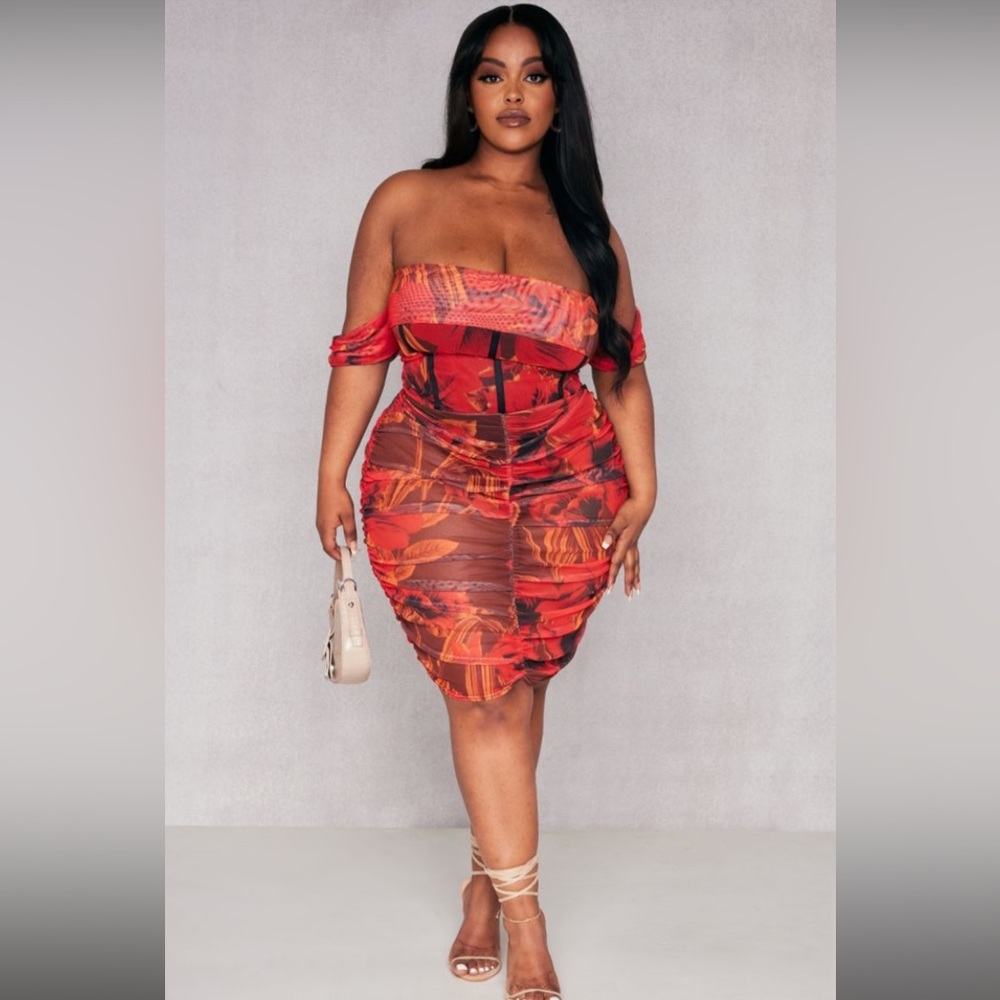 PrettyLittleThing Plus Red Floral Printed Mesh Bardot Bodycon